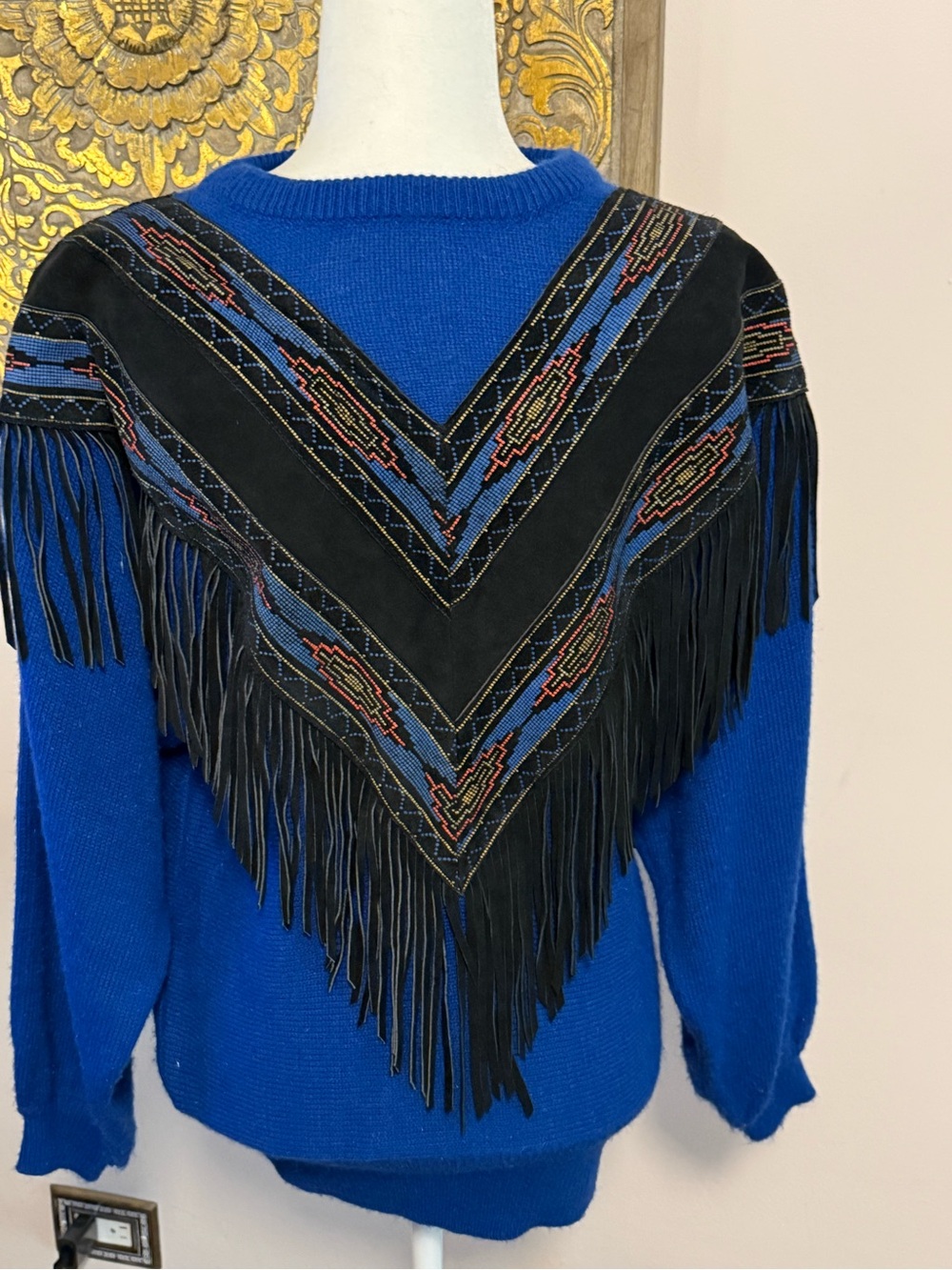 Pioneer Wear Vintage Cobalt Blue Western Fringe Sweater | Suede Yoke | Small